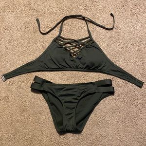 Army green neck tie bikini top and cheeky bottoms